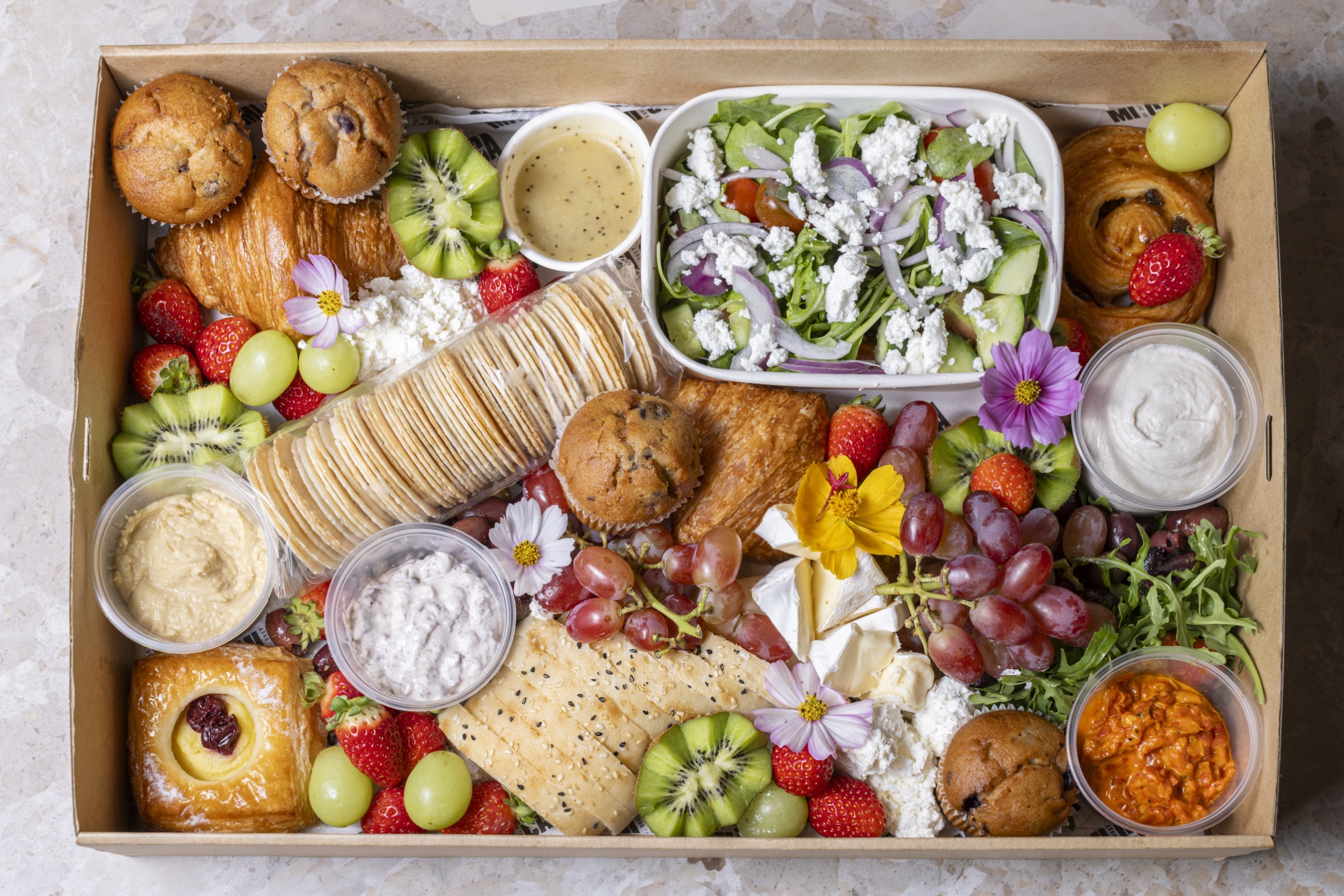 Office Box catering platter with pastries fruit and dips